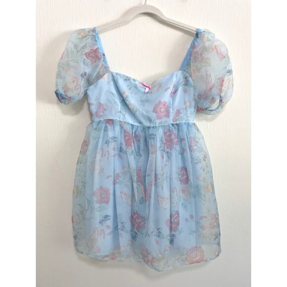 Dolls Kill x Hollie Hobby Babydoll Floral Dress M Blue Sheer Puff Sleeve Fairy - Picture 1 of 12